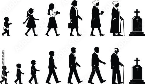 Human life cycle silhouette sequence showing childhood, adulthood, aging, and death stages with walking figures ending at gravestone concept illustration