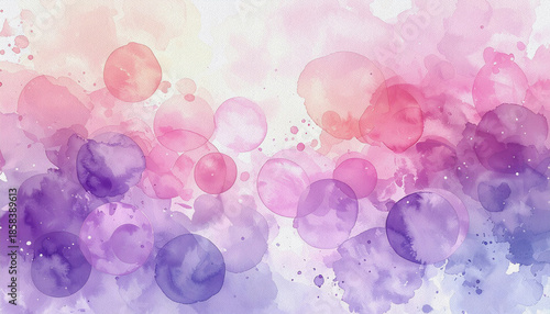 Abstract watercolor painting featuring overlapping circles and splatters in a gradient blend of pink purple and magenta