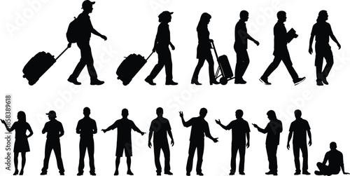 People silhouette set showing walking travelers with luggage, standing men and women, casual gestures, communication poses, and everyday lifestyle activities isolated