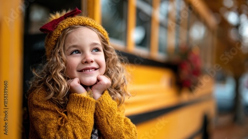 A joyful little girl with curly hair poses adorably next to a bright yellow school bus, showcasing innocence and youthfulness in a playful and cheerful atmosphere.