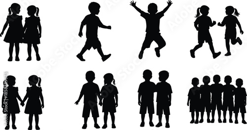 Kids silhouette set showing children walking, running, jumping, standing together, friendship moments, and playful childhood poses isolated on white background