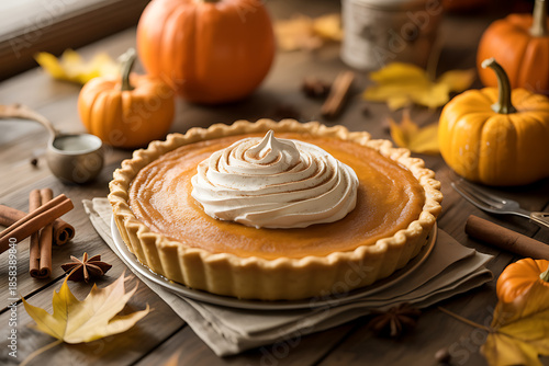 Delicious pumpkin pie with whipped cream on a rustic wooden table
