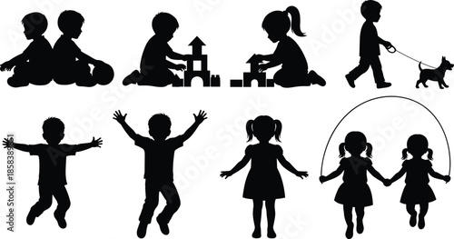Kids silhouette set illustrating childhood play activities with toys, building blocks, jumping rope, walking dog, and joyful movement isolated