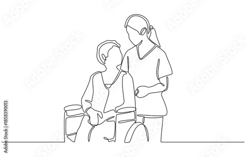 Continuous one line drawing of nurse taking care of elderly female patient sitting on wheelchair, nursing care for elderly concept, single line art.