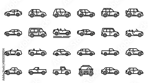 Collection of various car vehicle icons in outline style.