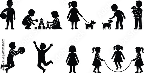 Children silhouette set depicting playtime activities with toys, pets, ball games, jumping rope, and outdoor childhood moments isolated