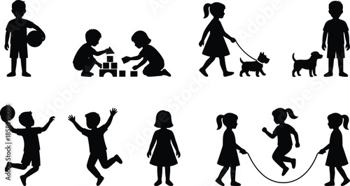 Children silhouette set illustrating playtime activities with toys, pets, ball games, jumping, walking dog, and rope play isolated