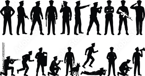 Police officer silhouette set showing law enforcement actions, patrol duties, armed response, command gestures, and tactical operations isolated on white background