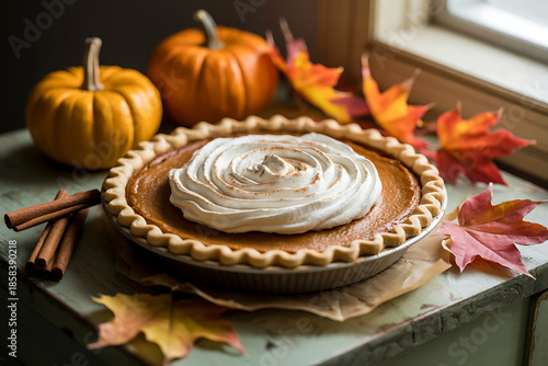 Delicious pumpkin pie with whipped cream on a rustic table