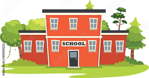 Cartoon red school building with trees and bushes education