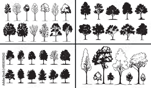 tree silhouettes vector, nature landscape clipart, woodland trees svg, outdoor scenery illustration, forest plant graphics, black tree silhouettes, environment vector art, nature background design, tr
