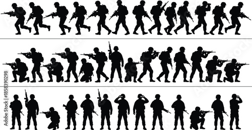 Military soldier silhouette sequence displaying patrol walking, combat movement, aiming positions, standing poses, and tactical action isolated on white background