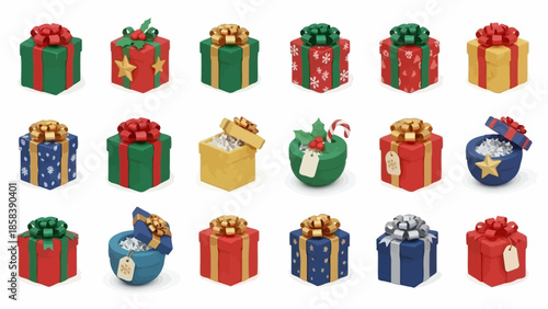 Collection of various colorful Christmas gift boxes with ribbons.