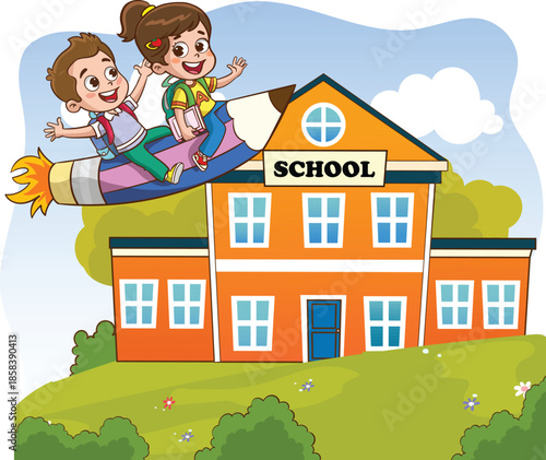 Children flying to school on a rocket pencil vector