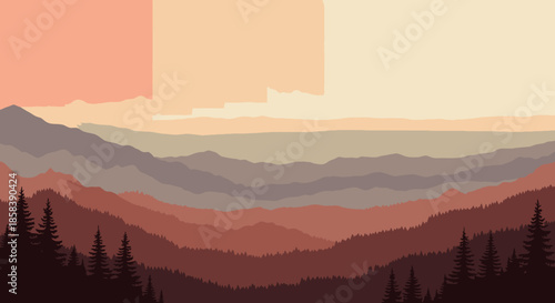 A serene, minimalist vector illustration depicts a breathtaking layered mountain landscape with a dense forest under a warm, gradient sky, evoking tranquility.