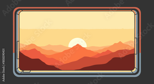 A beautifully stylized flat design illustration depicts a breathtaking sunset over a vast mountain range, viewed from a unique futuristic window, evoking a sense of calm and adventure.