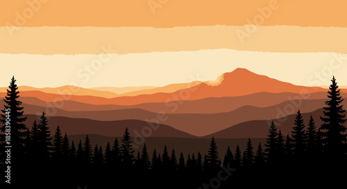 A beautiful minimalist landscape illustration portrays layered mountain ranges and a dense forest silhouette against a warm, gradient sunset or sunrise.