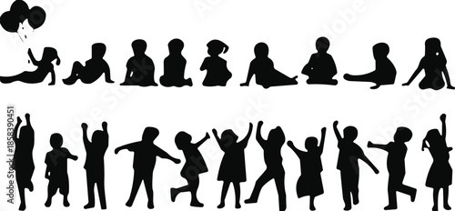 Baby and toddler silhouette set showing sitting, crawling, walking, jumping, and playful poses in child development stages isolated