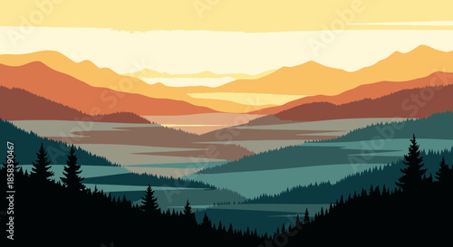 An artistic vector landscape presents majestic mountain layers bathed in the warm glow of a sunrise or sunset, with serene fog in the valleys.