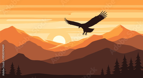 A majestic eagle soars gracefully above a serene mountain range, silhouetted against a breathtaking golden sunset, capturing the wild beauty of nature.