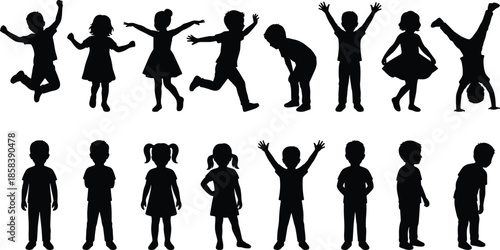 Kids silhouette set showing happy children jumping, dancing, standing, and playing poses isolated on white background design collection