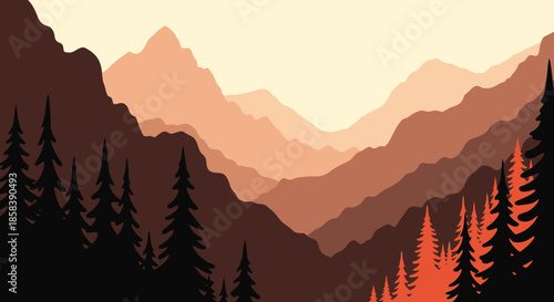 A beautiful layered mountain landscape illustration with pine trees, showcasing a serene natural vista at dusk or dawn, perfect for backgrounds.