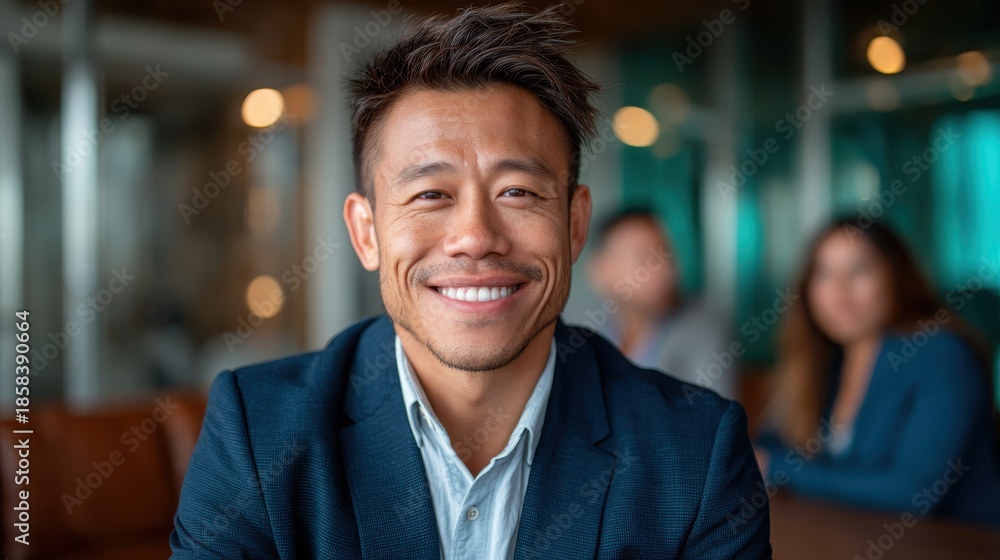 Fototapeta premium A confident man in a smart blazer beams a friendly smile, set against a blurred office background, reflecting positivity and professionalism in a corporate setting.