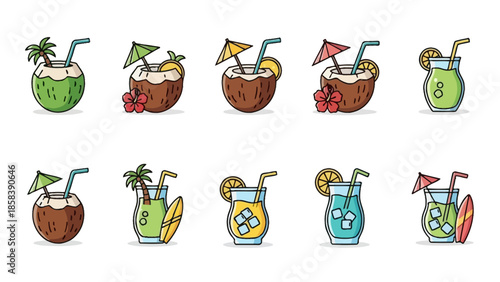 Collection of Tropical Drinks and Cocktails with Coconut and Fruit.