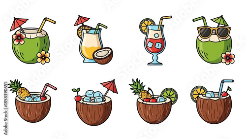 Collection of Tropical Cocktails and Drinks in Coconut Shells.