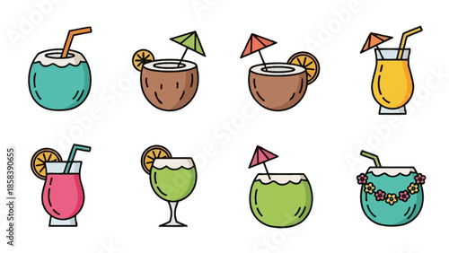 Collection of Tropical Drinks and Coconuts with Straws and Umbrellas.