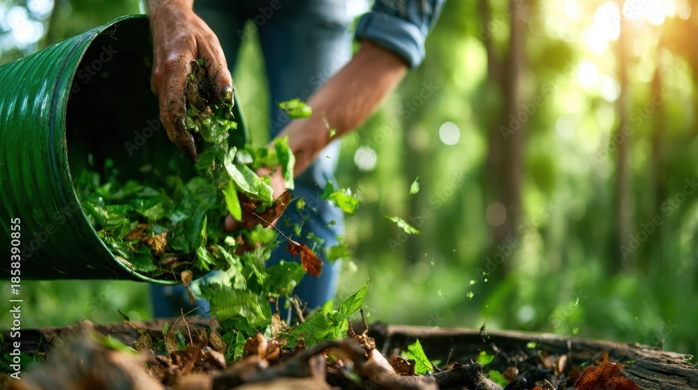 Naklejka premium A dedicated gardener pouring fresh green leaves into a compost pile, symbolizing the importance of sustainable gardening practices and the cycle of nature in nurturing growth.