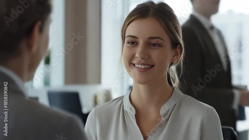 Young business woman smiling gently during a conversation in an office