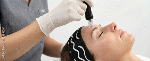 Professional beautician performing a microneedling facial treatment on a woman's forehead at an aesthetic clinic