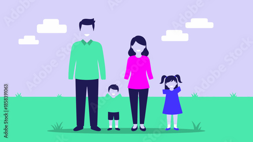 Happy family of four standing together outdoors with green grass and cloudy sky background