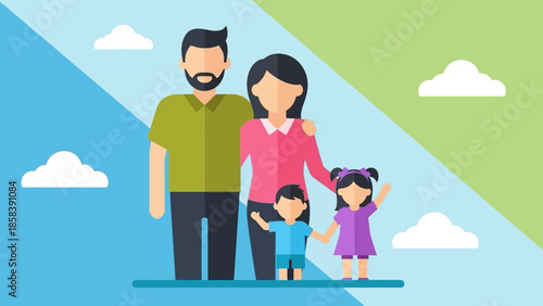 Happy Family Together Outdoor Scene with Two Children and Parents