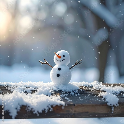 Ein kleiner fröhlicher Schneemann auf der Brüstung .Vor dem verschwommenen Hintergrund eines Waldes.