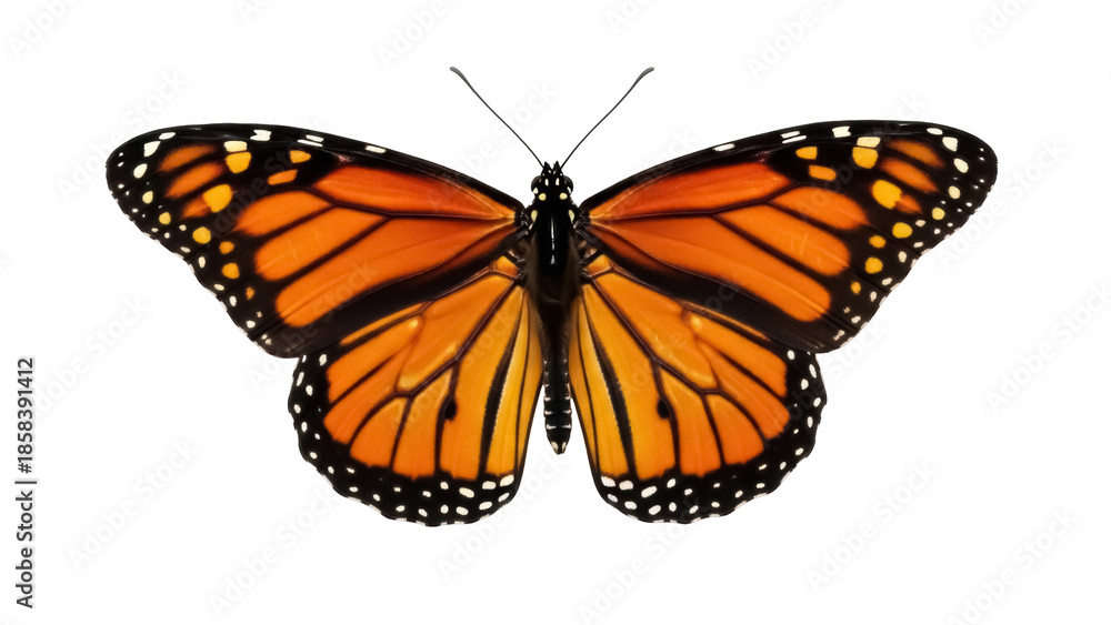 Fototapeta premium Isolated Monarch butterfly, orange and black wings, perfect for nature and summer themes