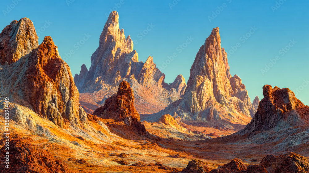 Naklejka premium Spectacular Red Rock Mountain Landscape with Towering Peaks under Clear Blue Sky