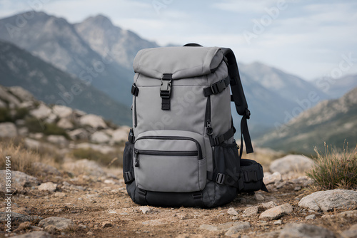 Hiking Backpack Resting on Rocky Ground in Mountain Landscape Outdoor Adventure Concept
