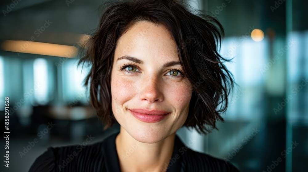 Fototapeta premium A cheerful young woman with short hair smiles warmly at the camera, surrounded by a contemporary urban backdrop, illustrating positivity and engaging confidence in a busy setting.