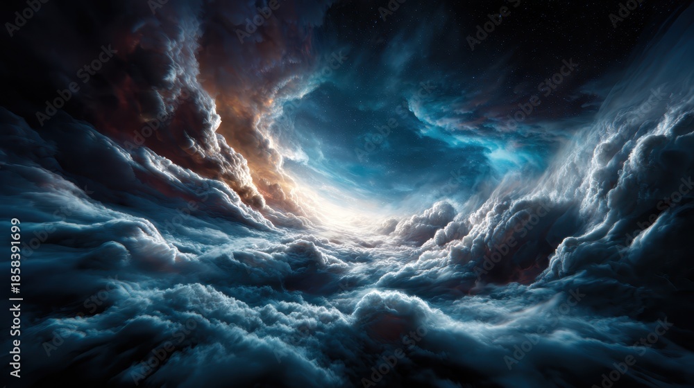Fototapeta premium An awe-inspiring view of swirling clouds in deep blue and orange hues evokes a sense of wonder and exploration, inviting viewers into a celestial and abstract dreamscape.