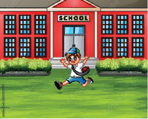 Pixel art of a child running towards a school retro