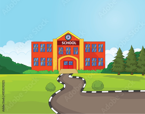 Red school building with a winding path and green landscape