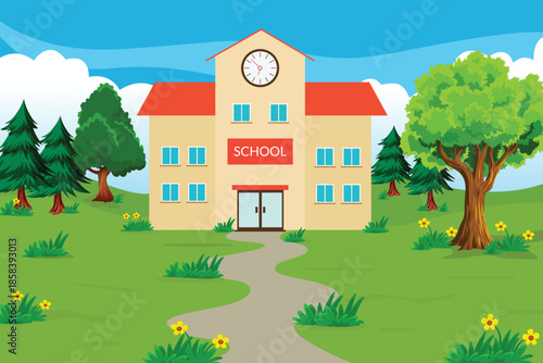 School building with trees and a winding path education