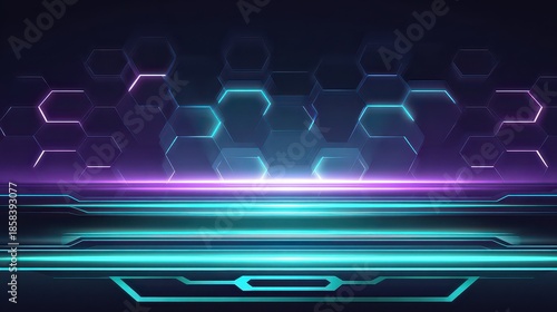 Neon Lit Hexagonal Platform with Glowing Stripes in Dark Environment Displaying Futuristic Technology with Vibrant Blue and Pink Lights