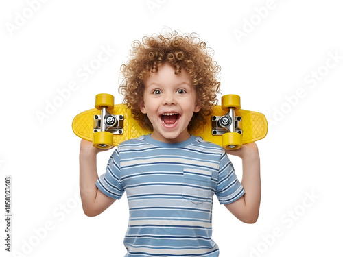 Happy Curly-Haired Boy Holding a Bright Yellow Skateboard with a Cheerful, Energetic Smile, isolated on transparent background, Representing Childhood Fun and Active Lifestyle.