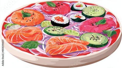 Pixelated Sushi and Sashimi Platter with Salmon Tuna Cucumber Rolls and Red Onion Slices on Wooden Plate in Top Down View