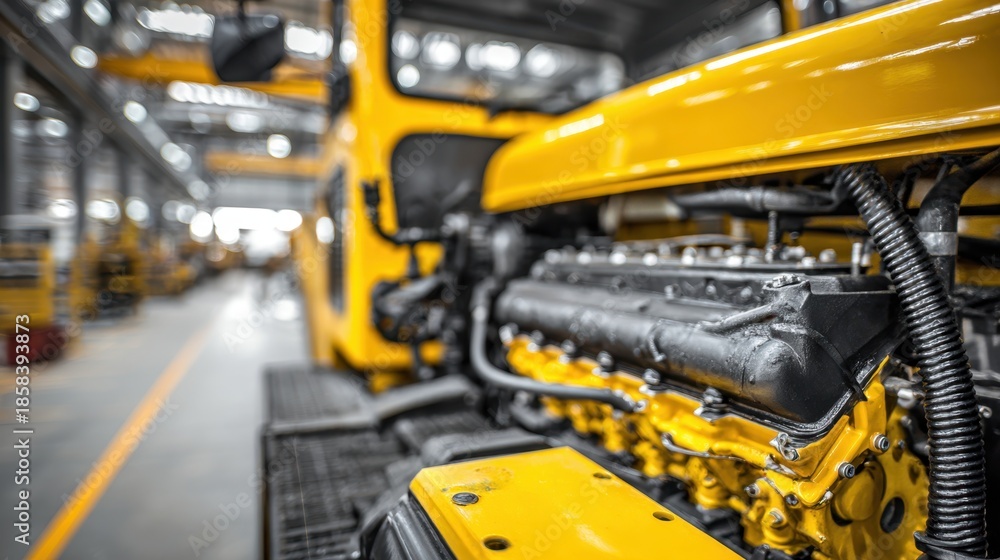 Fototapeta premium Focused medium shot of a diesel locomotives engine bay during detailed diagnostic testing highlighting engine components with a blurred workshop environment.