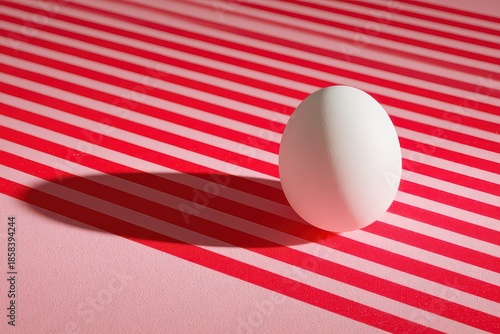 Single White Egg Against Red and White Striped Background with Strong Lighting and Sharp Shadows