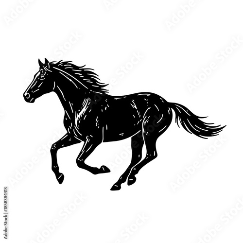 Powerful Black Horse Galloping Gracefully Against White Background